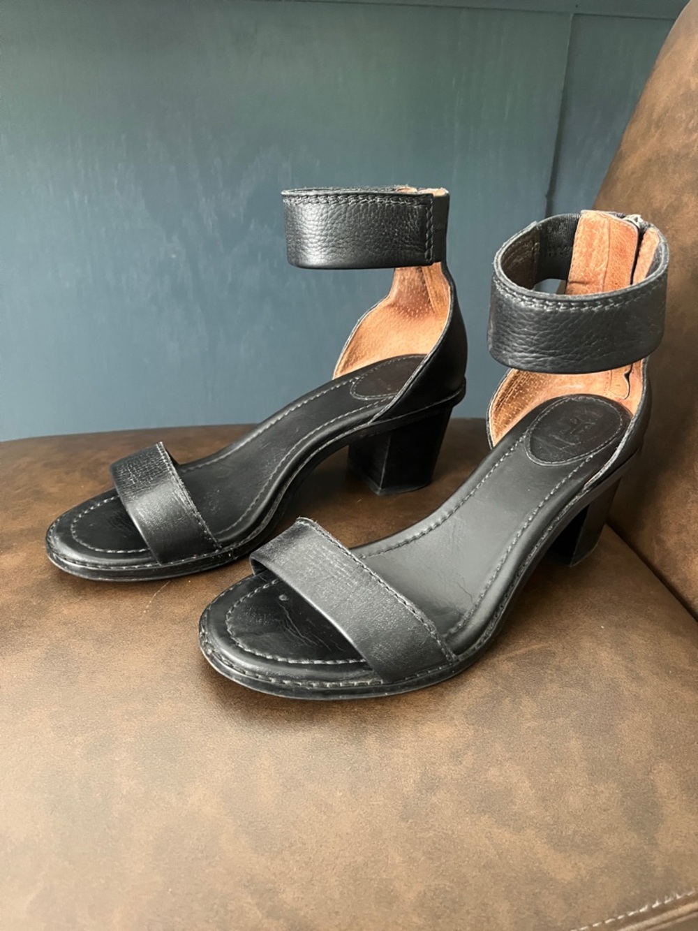 Frye Brielle Back Zip sandals, black Italian leather and a stacked heel.